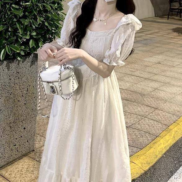 個性的 春服 夏服 レディース ワンピース コスプレ フレア ミモレ ロング 袖あり 半袖 フリル袖 スクエアネック 襟なし フリル インスタ映え モテ 流行 トレンド 高見え コーディネー
