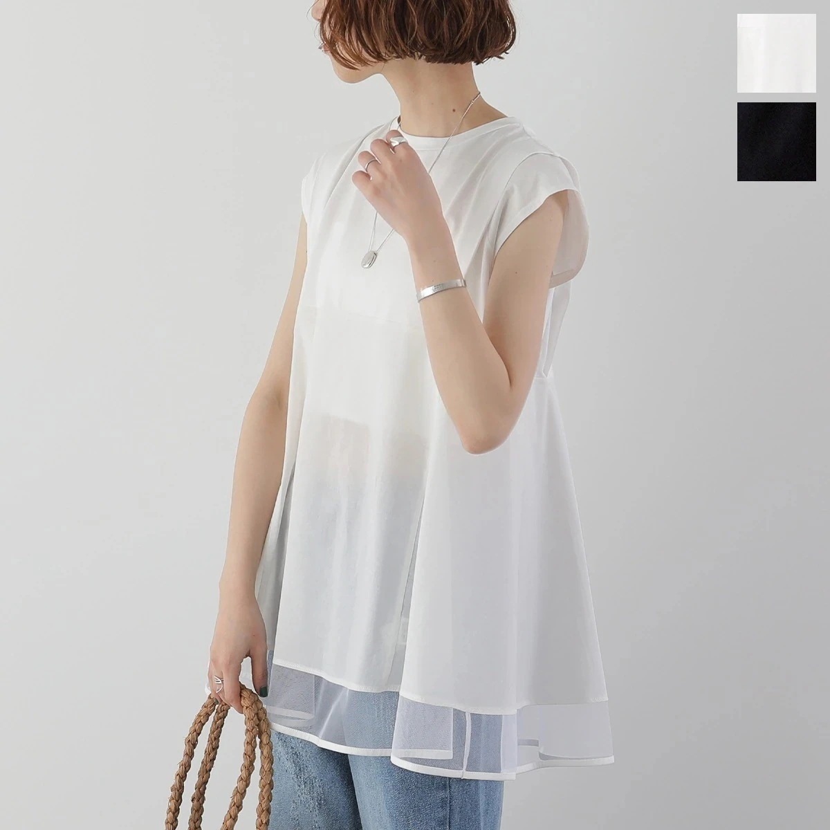 HERENCIA ヘレンチア フレンチスリーブ ブラウス Tulle docking tunic H525125 レディース カットソー チュール フレア ノースリーブ カラー2色