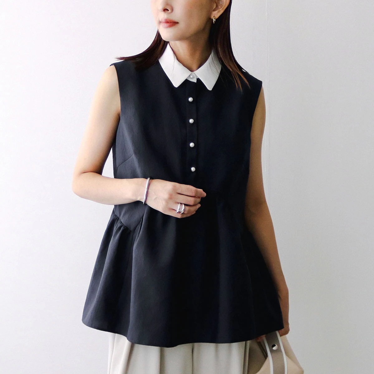 SONO ソーノ ブラウス S253BV022 レディース チュニック パールボタン ギャザー フレア ノースリーブ 59/DARK-NAVY