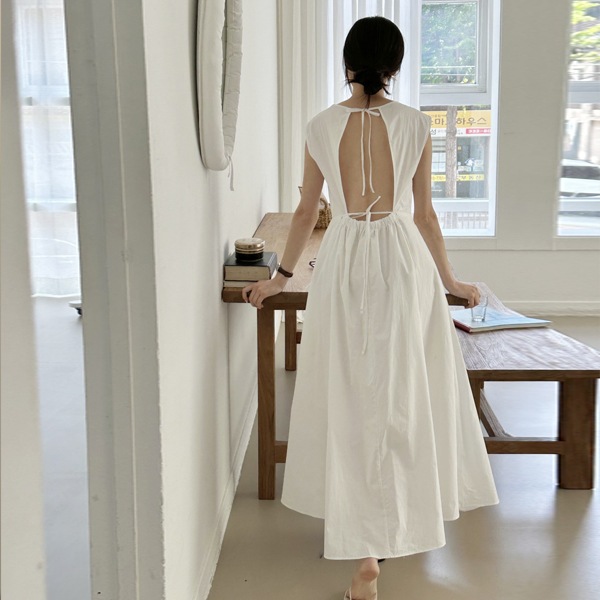 韓国ファッション バックスリット ストラップ キャップ袖なし ロングワンピース