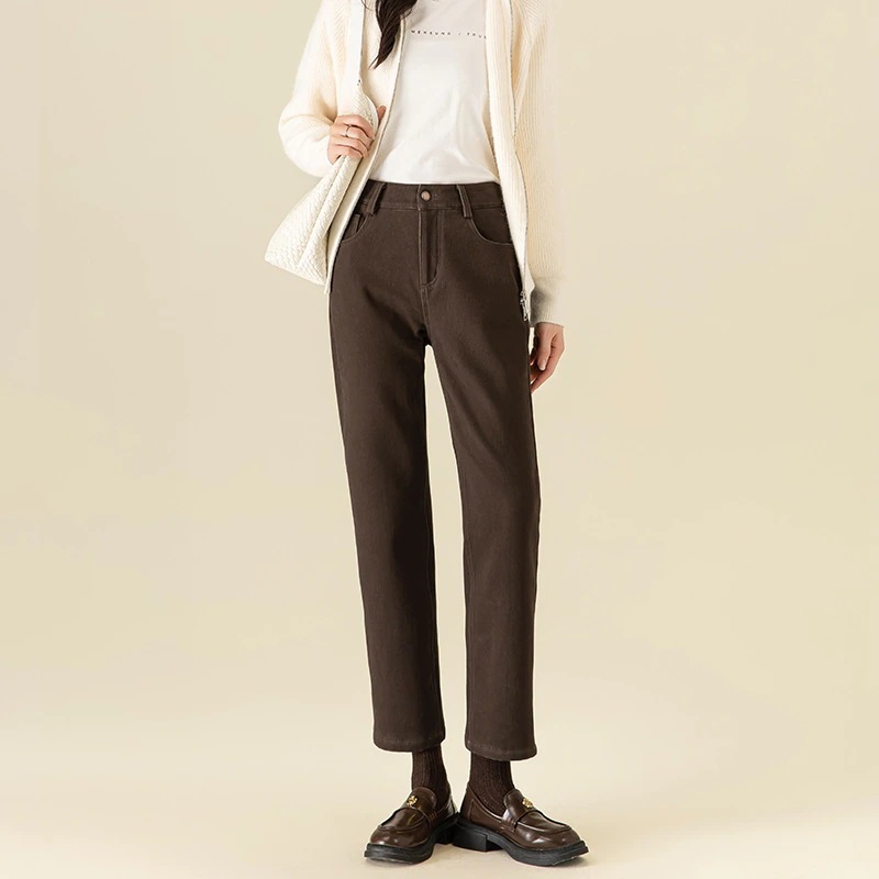 通勤白いベルベットのストレートジーンズの女性ハイウエスト新型裹起毛デニム着痩ボトムスせ効果 4,676円