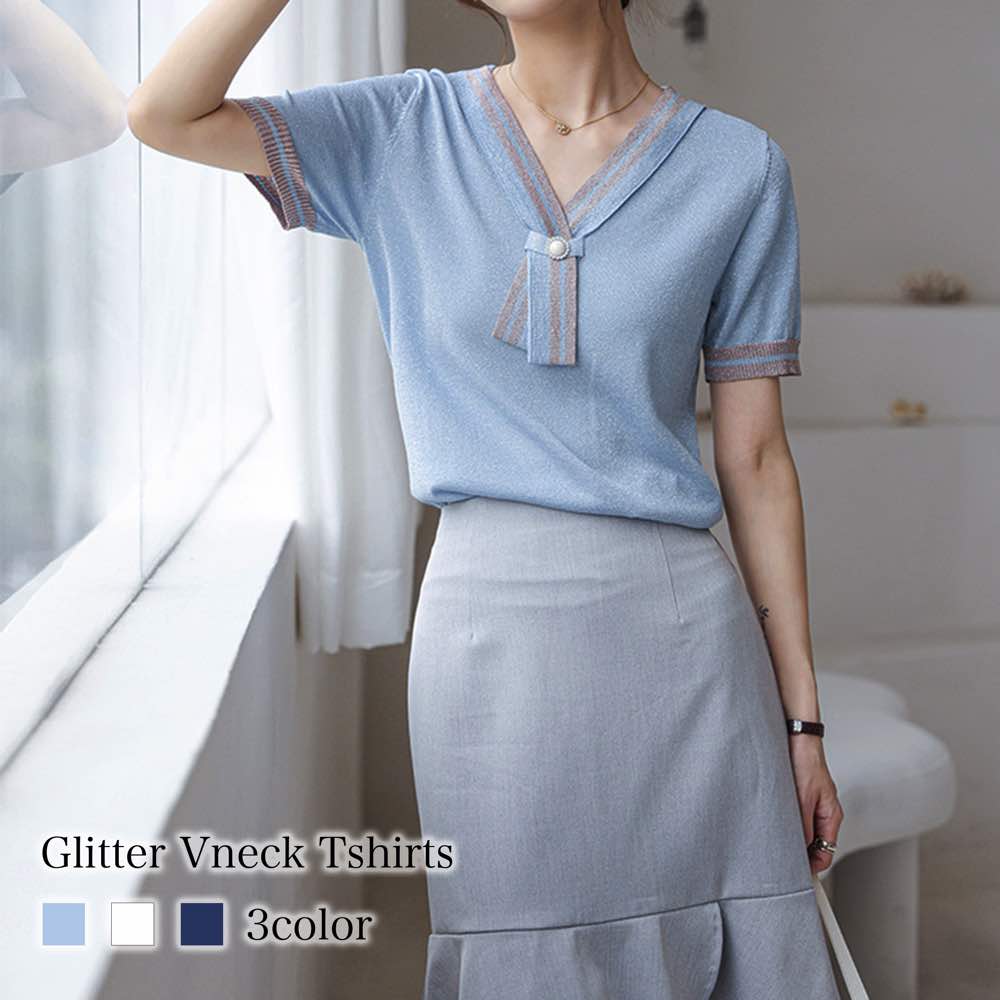 Tシャツ レディース ラメ入りVネックTシャツ ブラウス 5分袖 春 スポーツ ゆったり ブラック 40代 ロゴ カジュアル 7分袖 薄手 Vネック かわいい ティーシャツ 大人 人気 涼しい シャツ