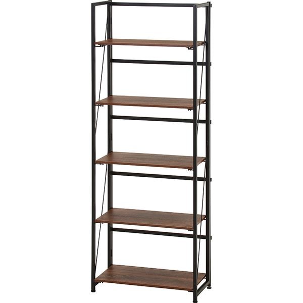 収納棚 オープンラック 約幅610mm 5段 ブラウン 折りたたみ式 アジャスター付 折りたたみシェルフ 完成品 リビング ダイニング