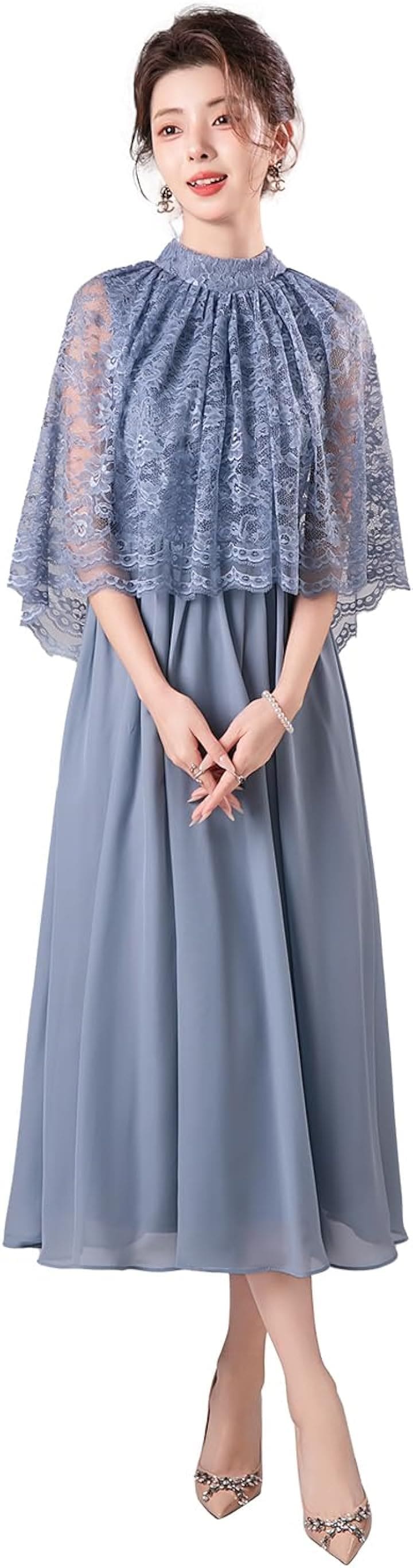 結婚式ドレス ケープ付き ロング レース お呼ばれ 袖あり ミモレ丈 体型カバー Aライン フォーマル(ブルーグレー, 3XL)