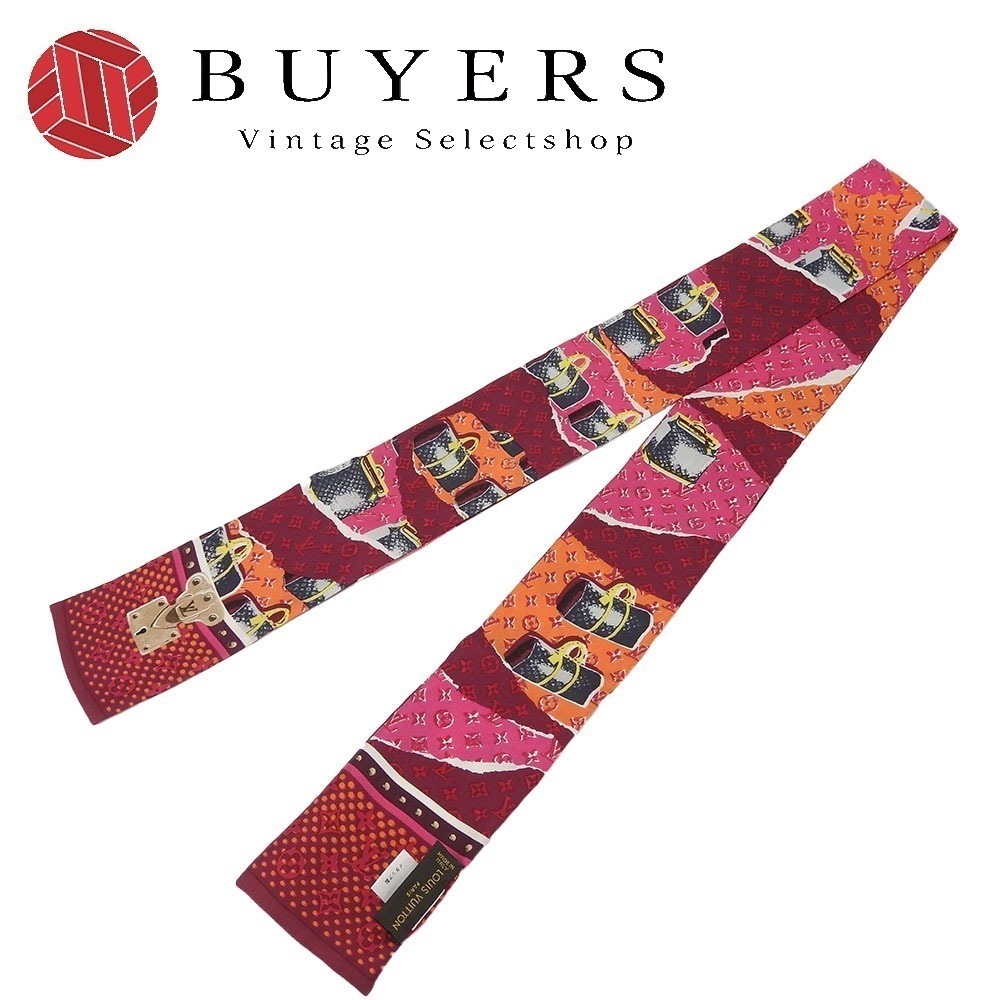 中古 スカーフ バンドー シルク ピンク マルチカラー モノグラム キーポル柄 アクセサリー