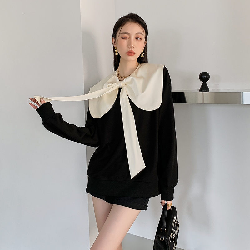 ビッグカラー リボントップス 長袖 トップス プルオーバー トレーナー モノトーン バイカラー ガーリー ラブリー オフィス お仕事コーデ a4088