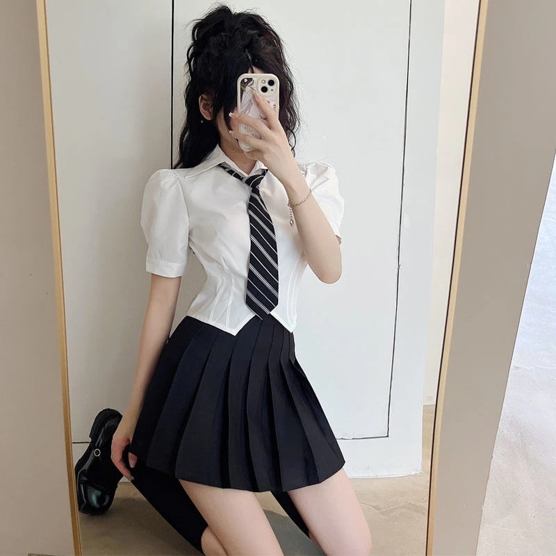 【1つ買うと10つ無料】Jkユニフォームパフスリーブフットマッサージフットバスサウナ技術者ワークウェアセクシーなプリーツスカートワークウェア2ピースセット