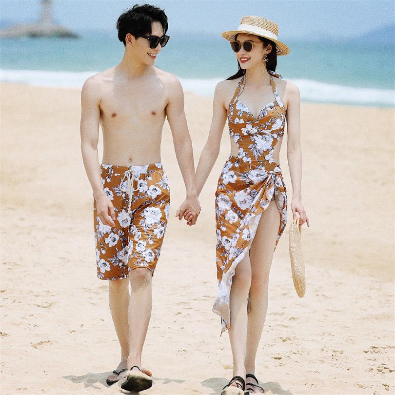 【急速出荷!】1つ買うと10個ペアルック オールインワン カップル水着 男女お揃いビーチウェア 花柄 海パン 水着セット レディース モノキニ ストール メンズ サーフパンツ