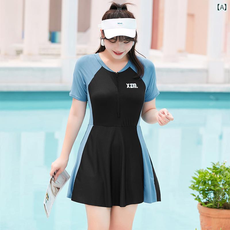 水着 レディース 大きめサイズ ワンピーススカート風 学生 お腹カバー 着痩せ 半袖 温泉 旅行 プール リゾート ビーチ レジャー ぽっちゃり女子