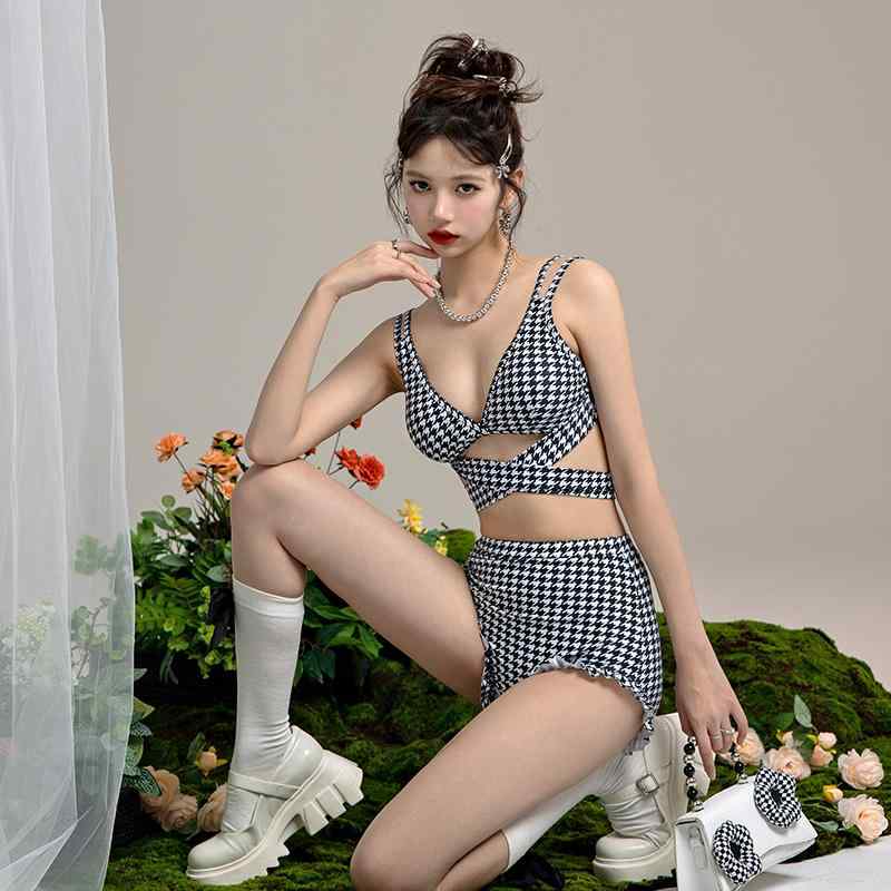 水着 ビキニ レディース セパレート 夏 ハイウエスト ローライズ ショートパンツ 胸パッド 取外し可能 通気性 プール ビーチ 千鳥格子 黒 おしゃれ