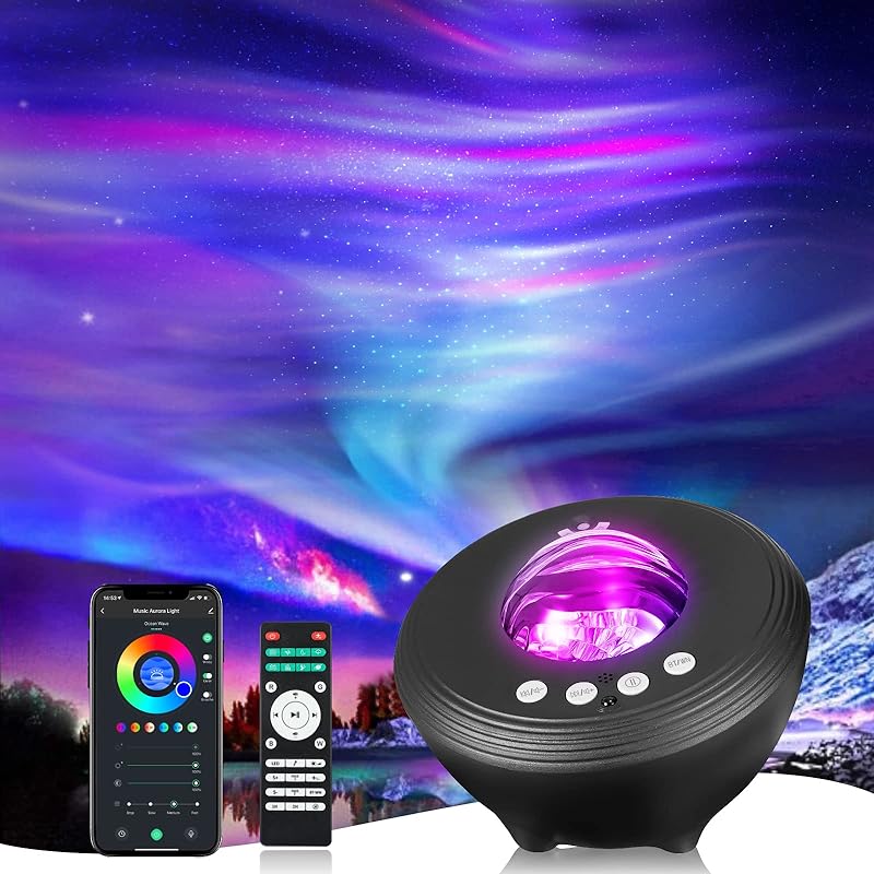 【48種点灯モード＆最新北極光 APP音声制御式 】オーロラプロジェクター音楽スピーカー付き極光星空ライト ナイトライト 大人 子供用 サウンドマシーン ホワイトノイズ付き 子守唄付き スマート投影