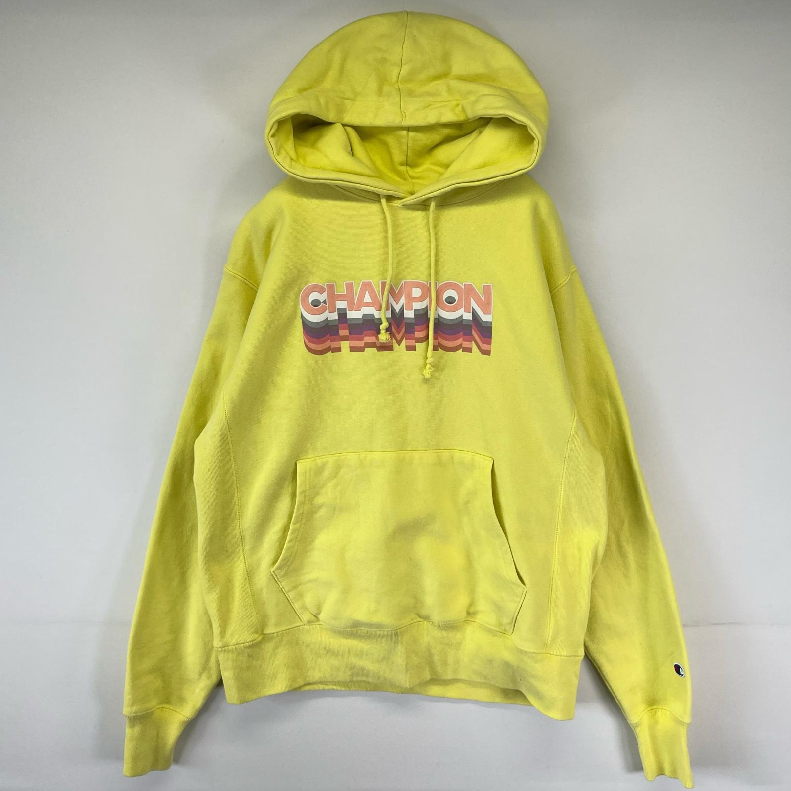 古着 パーカー リバースウィーブ プルオーバー ワッペン ビッグロゴ スウェット M イエロー メンズ