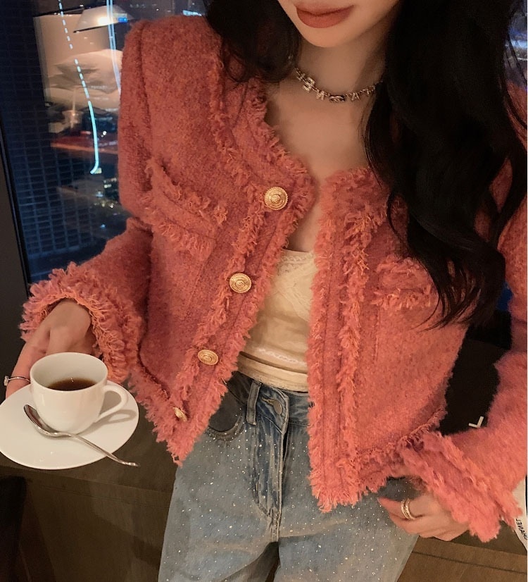 ピンクツイードジャケット 高見えツイードジャケット ツイードジャケット 高見えジャケット ピンク ツイード ジャケット 韓国 オルチャン レディース フロントボタン 金ボタン ゴールドボタン 金 7,718円