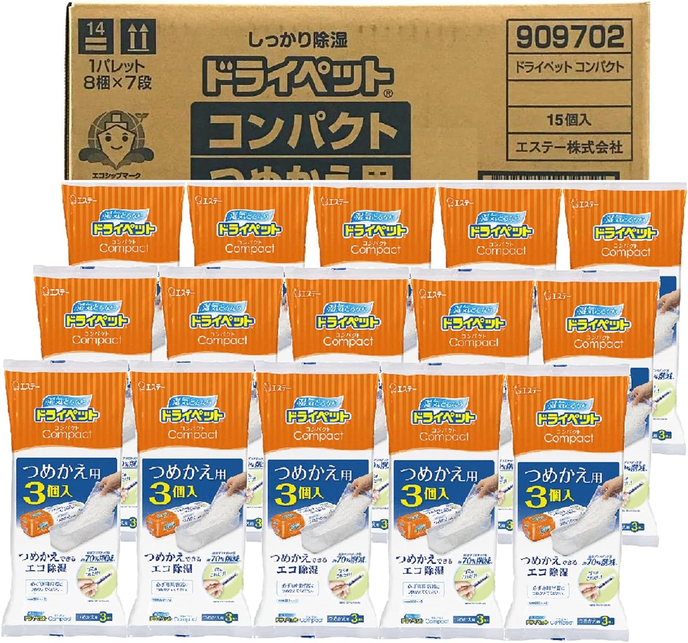 ドライペット ケース販売 コンパクト 除湿剤 詰め替えタイプ つめかえ用 3個入×15個パック どこでも用 湿気取り