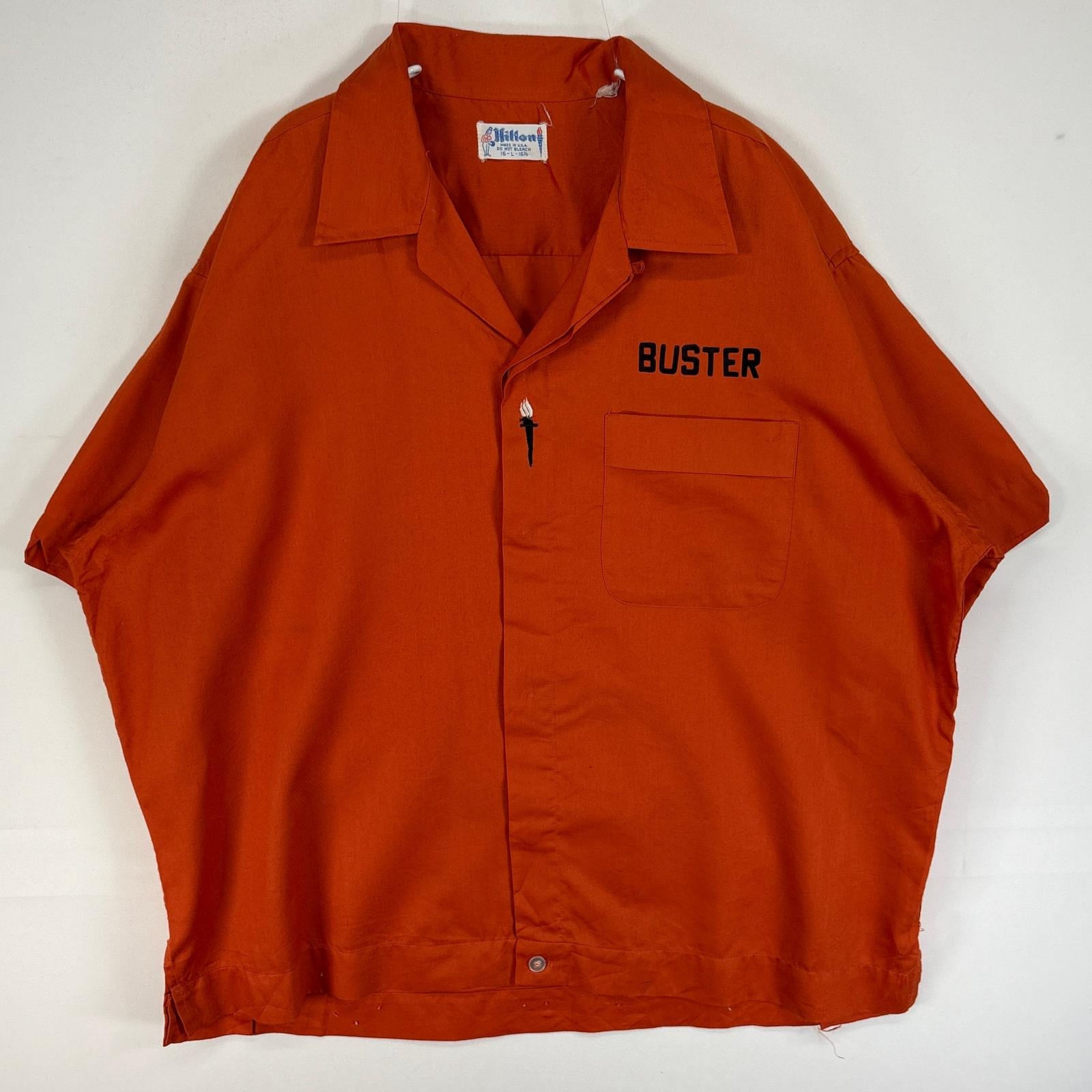古着 60s～70s/60年代～70年代 ヴィンテージ ヒルトン HILTON 半袖シャツ フロッキー USA製 ボーリング L オレンジ 両面プリント メンズ