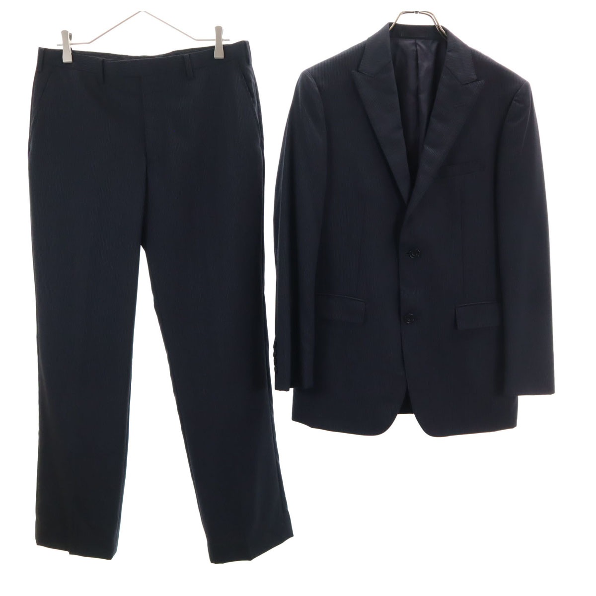 BURBERRY BLACK LABEL バーバリーブラックレーベル 日本製 ウール ストライプ柄 スーツ 上下セットアップ 38L ネイビー 三陽商会 メンズ 古着