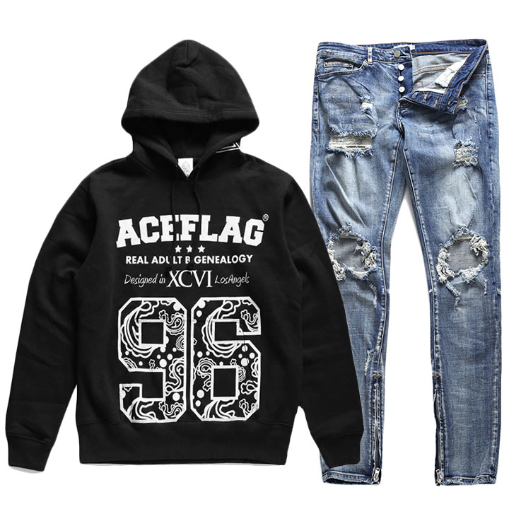 ACE FLAG 上下セット 長袖 ブランド パーカー メンズ 春秋冬用 黒 大きいサイズ エースフラッグ セットアップ フーディ ジーンズ デニム スリム 96