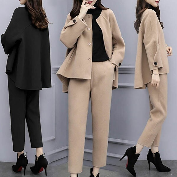 セットアップ レディース 冬 2点セット ノーカラー アウター ガウチョパンツ 着痩せ ゆったり カジュアル エレガント 優雅 オシャレ オフィス 入学式 卒業式 おしゃれ 結婚式 セレモニー