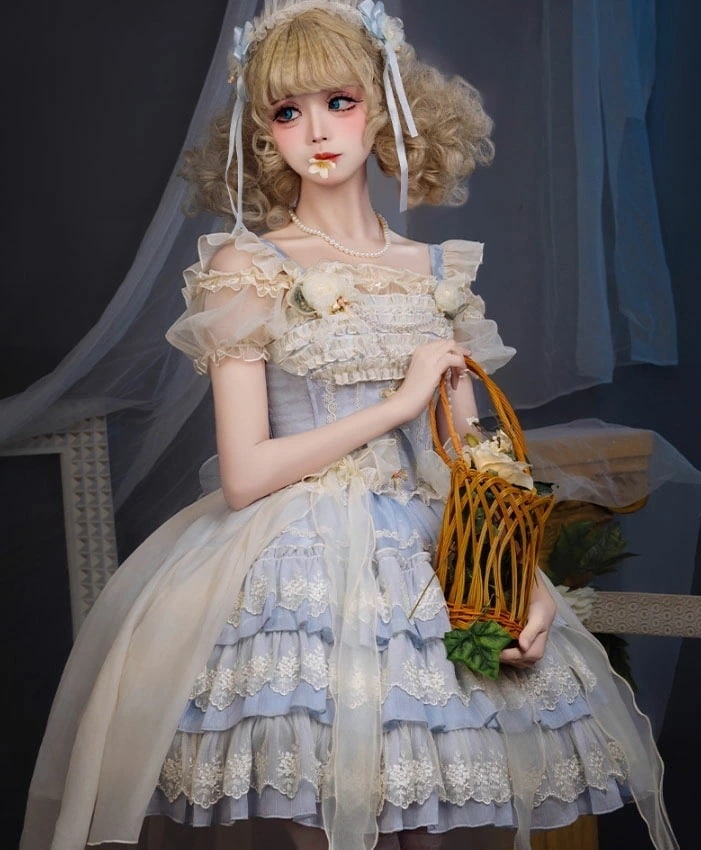 迅速な出荷 ロリータ ワンピース ゴスロリ ロリータ ドレス ジャンパースカート ミドル丈 レディース 女子 可愛い ロリィタ ワンピース 長いチュチュカバー 大きい蝶リボン お花 ひらひら フリルリ