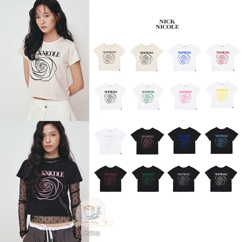韓国 人気 ロゴTシャツ[NICK&NICOLE] BIG ROSE SLEEVE TOP MUSINSA公式 | NICK&NICOLE BIG ROSE SLEEVE TOP_WHITE BLACK