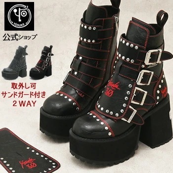 【直営SHOP限定】 ヨースケ YOSUKE 厚底ブーツ レディース ベルト付きカバーブーツ 2WAY スタッズ 11.5cm ヒール ブラック 公式SHOP特典キズ補修液付