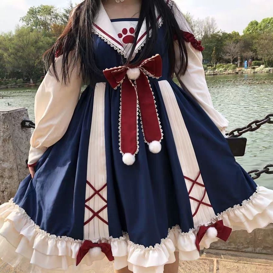 猫爪の日常ワンピース学院風プリンセススカート 日系 です メイド服 ワンピース コスチューム コスプレかわいい学生ワンピース ワンピース Lolita