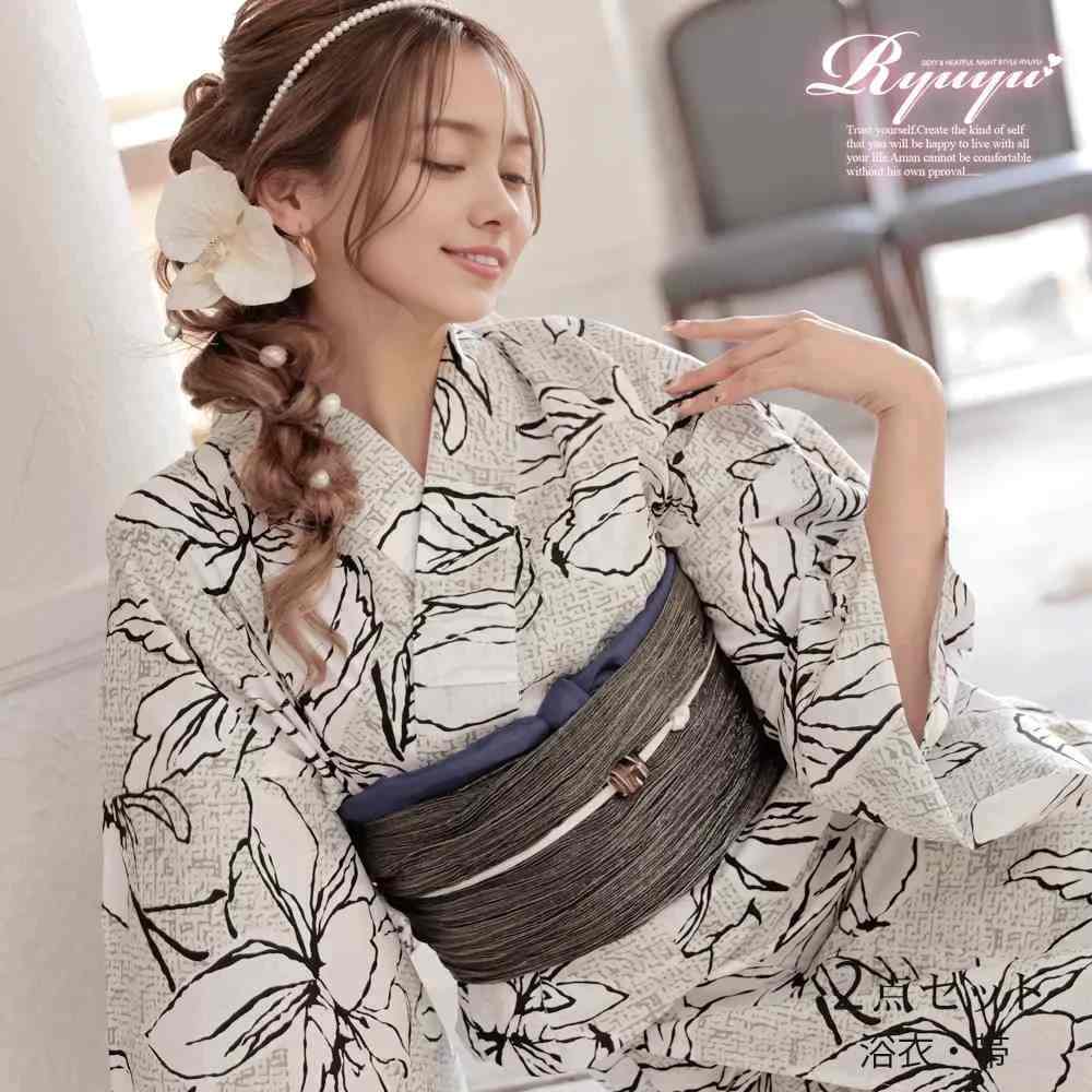 浴衣 グレー 大柄 大花 ラメ帯 ギャル モノトーン 大人浴衣 花火大会 浴衣女子 シック Ryuyu