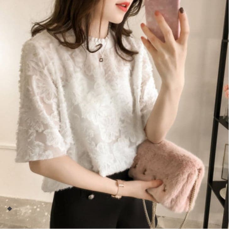 シフォンレースシャツ トップス シャツ 半袖 l レース 大人可愛い おしゃれ 春 夏 秋 10代 20代 30代 レディース オフィス 学生 デート お出かけ M L XL 2XL 3