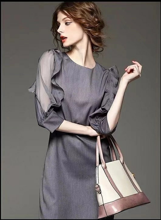 【急速出荷】フリル パーティードレス ワンピースシアー切り替え 春 春物 レディース ミディアム丈 膝上 七分袖 パフスリーブ クルーネック 透け感 体型カバー 大人可愛い きれいめ パーティー