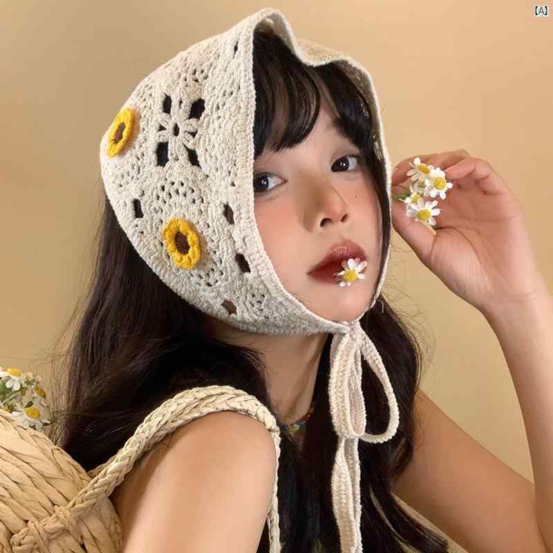 レディースファッション　ファッション小物　オシャレ 夏 海辺 牧歌的 花 スカーフ ニット 　かぎ針 編み 三角形 髪 フレンチ レトロ バッグ