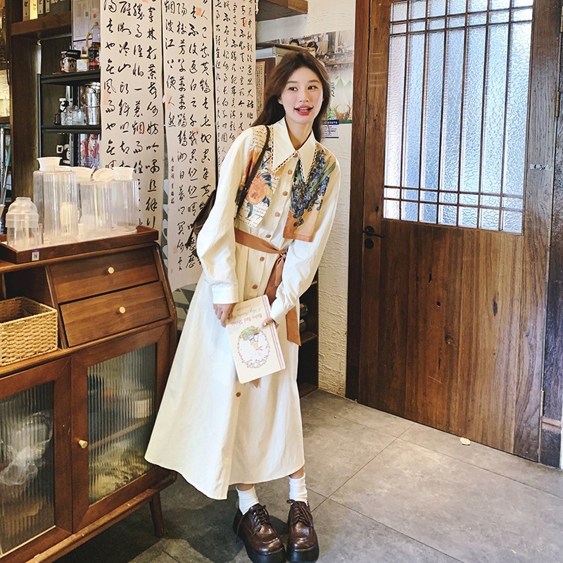 女性用フェイクツーピース着痩せワンピース 2024年秋 おしゃれ 洋風 レトロ 牧歌風 ロングスカート