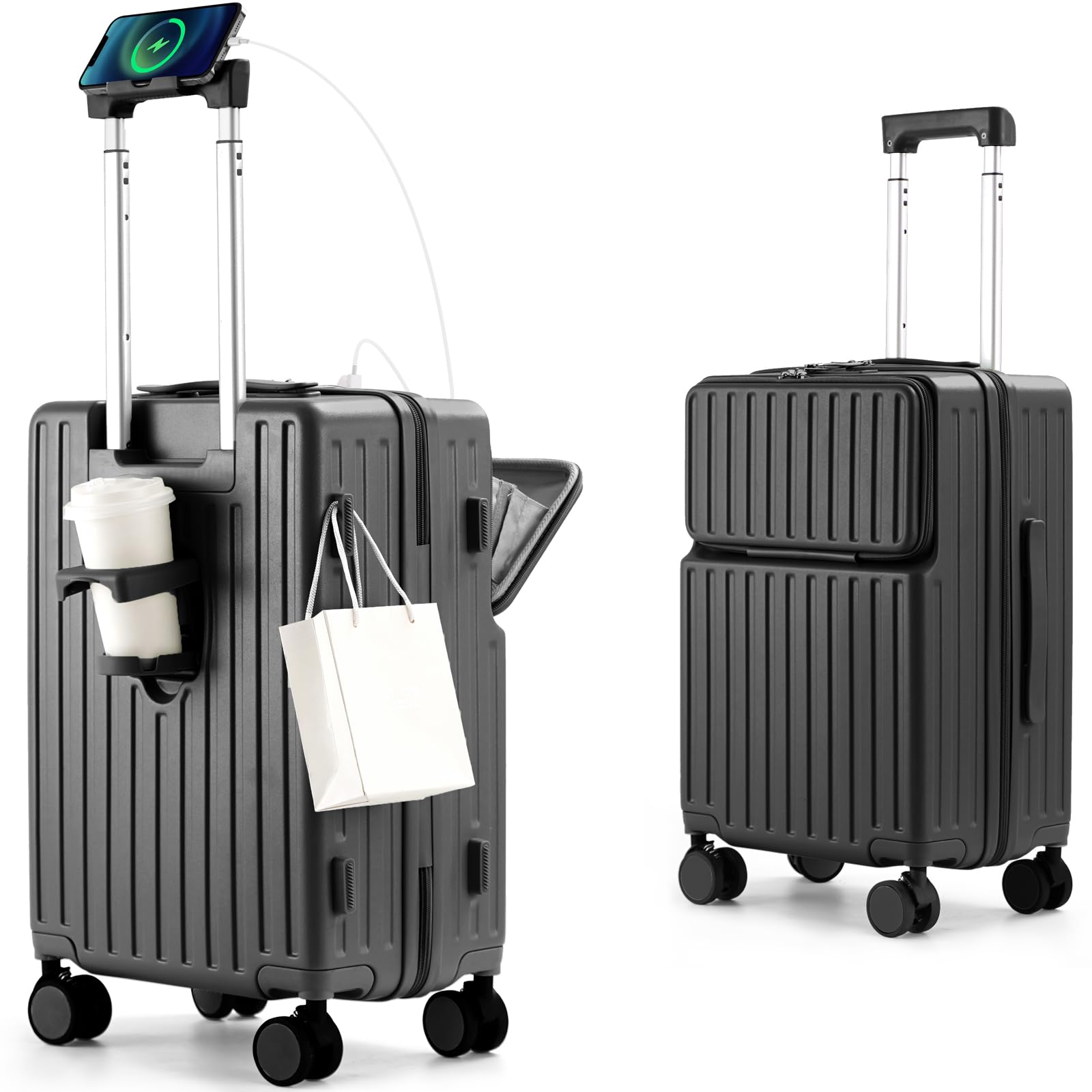 [Mularda] スーツケース フロントオープン スーツケース 機内持ち込み 多機能キャリーケース 超軽量 耐衝撃 前開き キャリーバッグ USBポート付き 360度回転 ダブルキャスター 軽量 旅