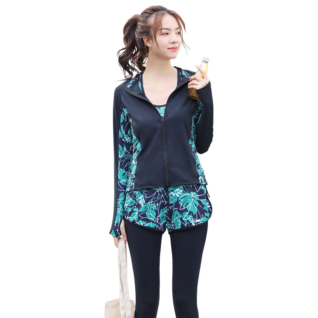 [Teddy] フィットネス 水着 レディース 体型カバー ラッシュガード 5点セット タンクトップ レギンス 長袖ラッシュパーカーUPF50+ UVカット率 98.7% hys2128 (グリーン, 4,637円