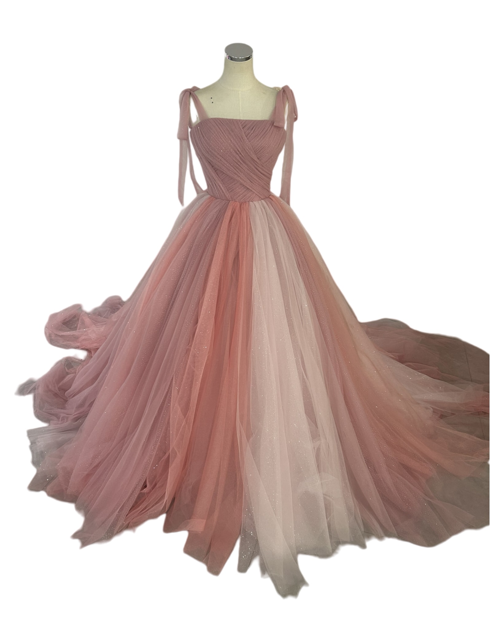 カラードレス ピンク キラキラチュール グラデーション 肩ひも 背中見せ 編み上げ 二次会
