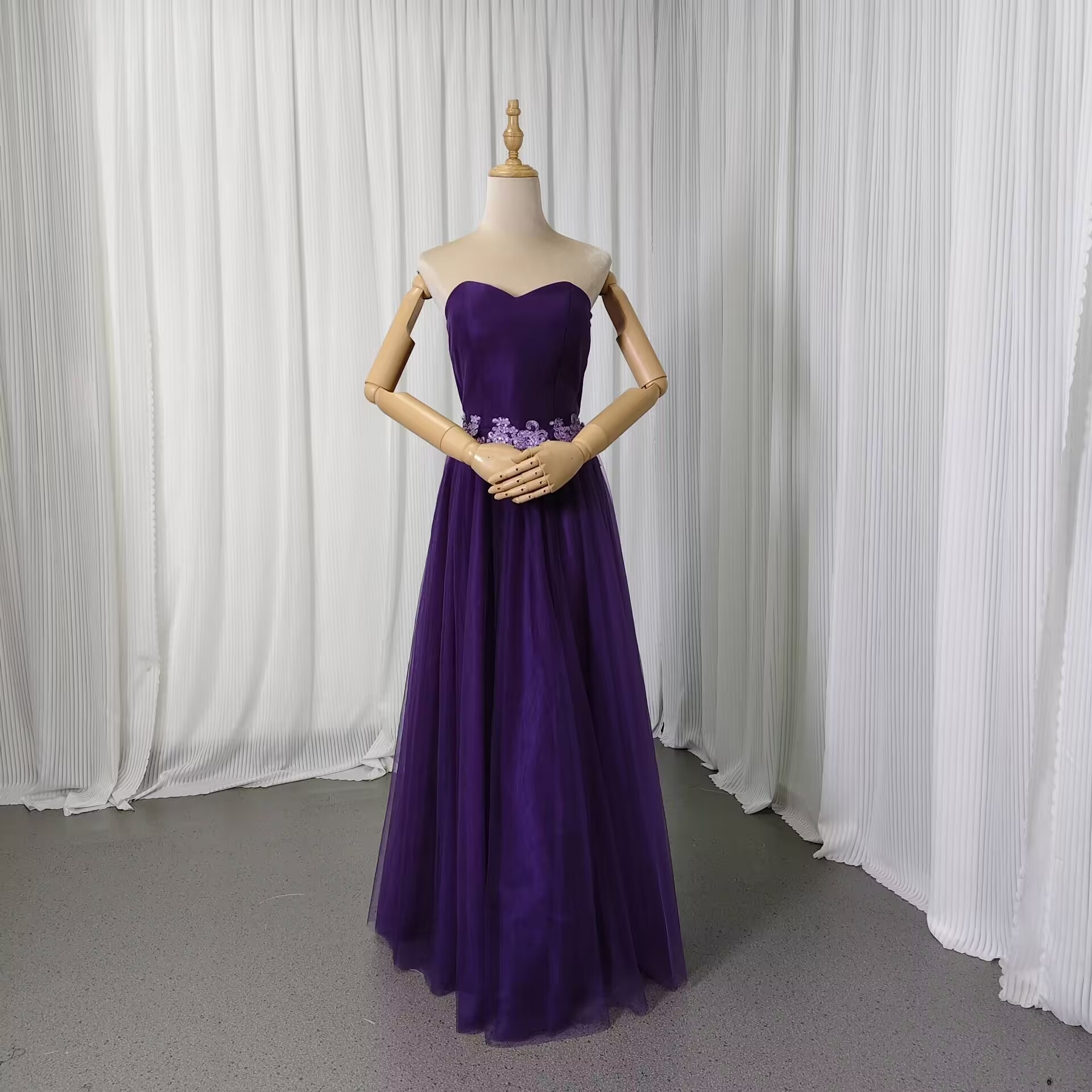 カラードレス パープル ベアトップ 繊細レース ロング 細見えシルエット 音楽会/発表会