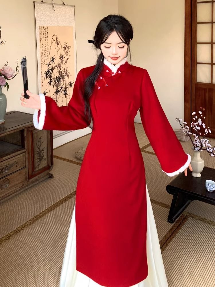 大きいサイズ太mm新風レトロドレス女性秋冬スリムチャイナドレス馬スカート2点セット100kg 7,031円