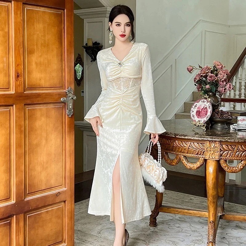 2024春 vネック レース ベルベット ワンピ パーティードレス 着痩せ 大人 お呼ばれ 同窓会 披露宴 卒業式 結婚式 ウェディング 二次会 成人式30%までに制限 6,022円