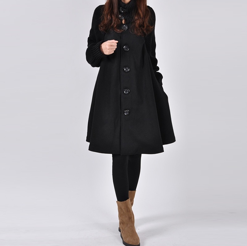 アウター サイズ豊富 コート ひざ丈 長袖 ハイネック タートルネック フレア Aライン ボタン 前開き 厚手 かわいい 可愛い きれいめ シンプル 上品 おしゃれ お洒落 レトロ 女子