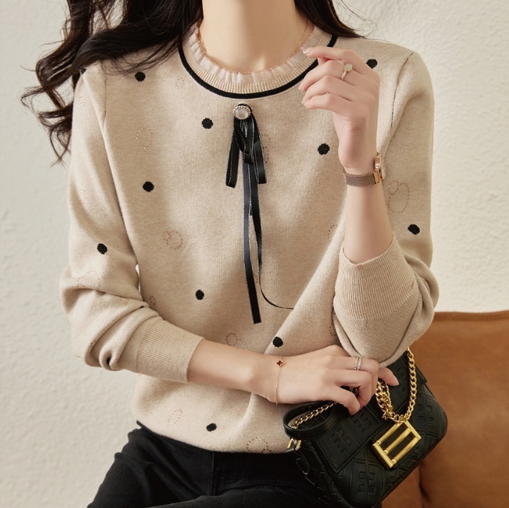 ドット柄トップス ベージュトップス フリル付きトップス リボン付きトップス トップス シャツ ニットソー セーター プルオーバー 袖あり 長袖 Uネック ラウンドネック スリム 細身 Iライン