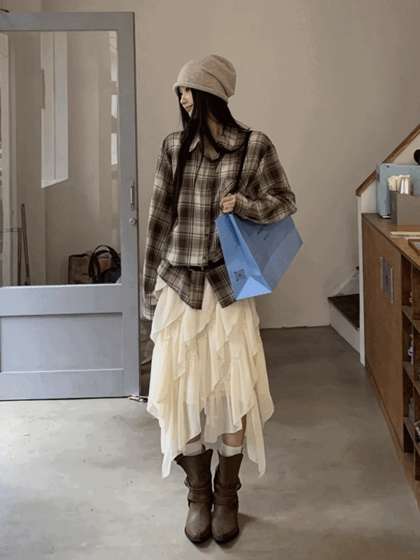 케이크 쉬폰 언발 미디 스커트