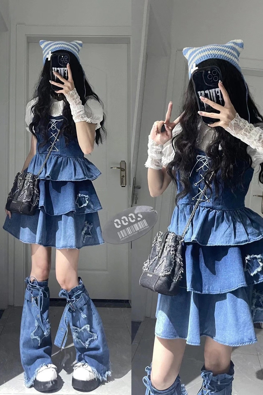 可愛い女の子の年齢軽減フリルデニムサスペンダーケーキスカート パフスリーブシャツ 脚カバー ファッション スリーピーススカート 女性用