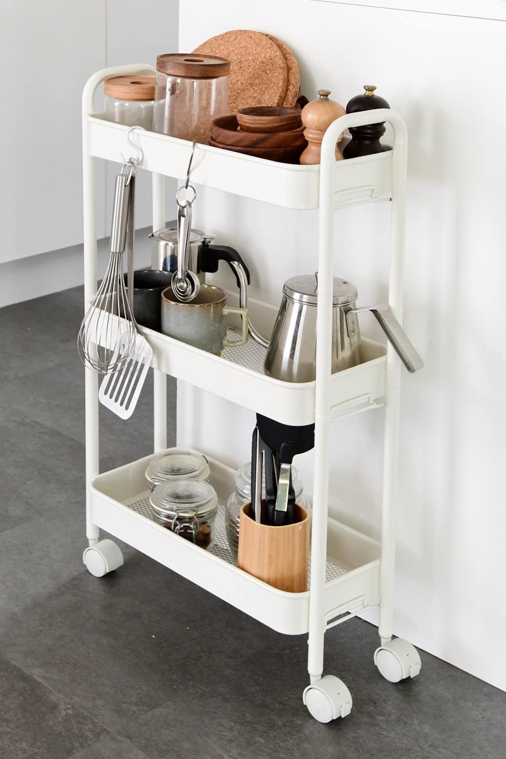 山善(YAMAZEN) キッチンワゴン (スリム) キャスター付き 3段 幅43.5×奥行18.5×高さ74.5cm ワゴン 組立かんたん ホワイトLBW-3S(MWH)