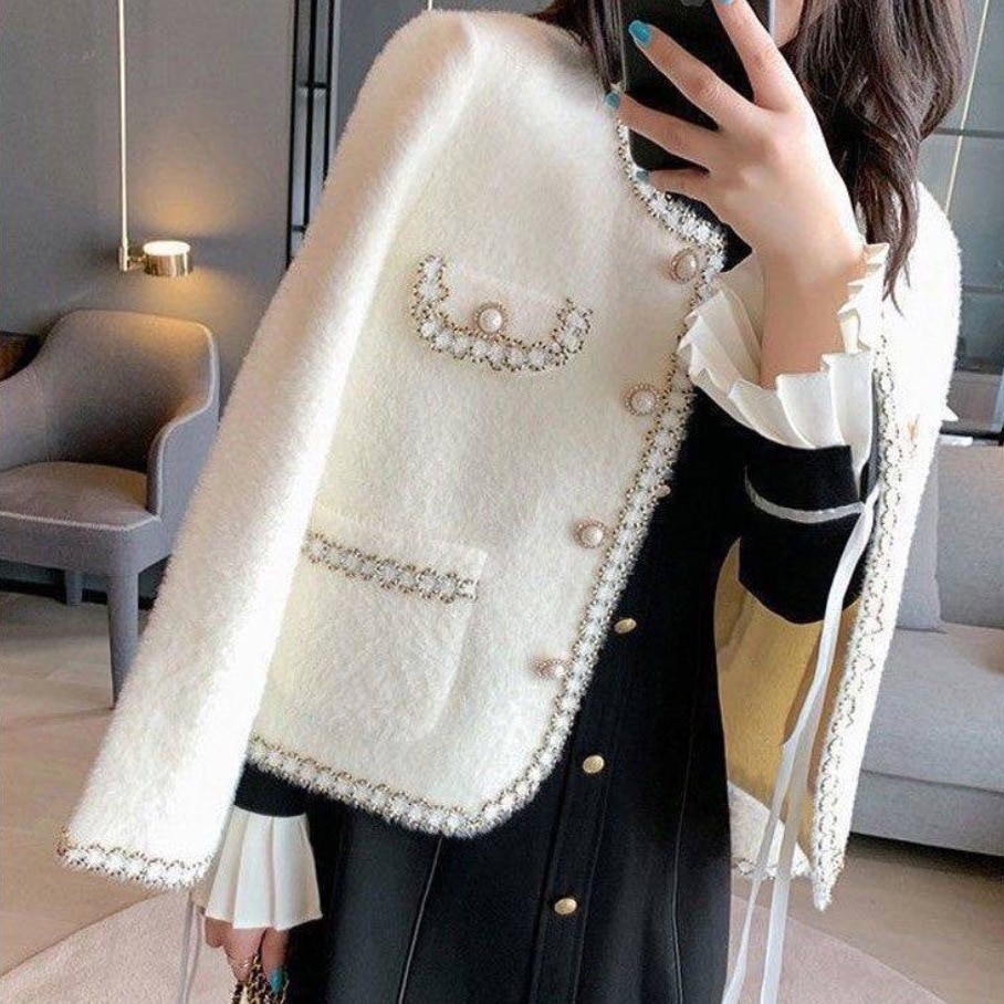 ニットジャケット 高見えジャケット きれいめ 高見え 白 ホワイト 黒 ブラック 2XL 3XL キラキラ 暖かい 韓国 オルチャン レディース パイピング ニット ジャケット 長袖