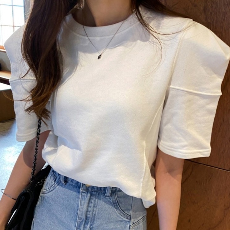 トップス パフスリーブTシャツ 五分袖 Tシャツ カットソー プルオーバー ミディアム丈 袖あり 半袖 5分袖 パフスリーブ ラウンドネック クルーネック 襟なし 綿 コットン かわいい 大人可愛い