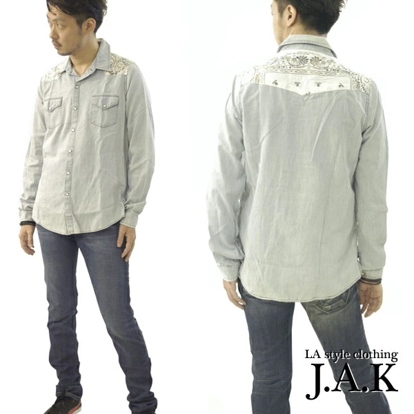 JAK メンズ デニム ウェスタン シャツ ペイズリー柄 ホワイト 長袖 バンダナ柄 LAカジュアル アメカジ ファッション ストリート セレブ スタイル 海外人気セレクトショップ プラネットブルー