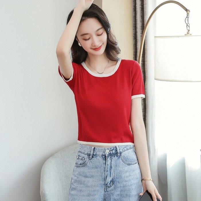 色豊富 白トリミング クロップド サマーニット トップス ニットソー ショート丈 袖あり 半袖 襟なし ラウンドネック スリム 細身 スマート すっきり ニット 伸縮性 かわいい 大人可愛い シンプル 5,621円