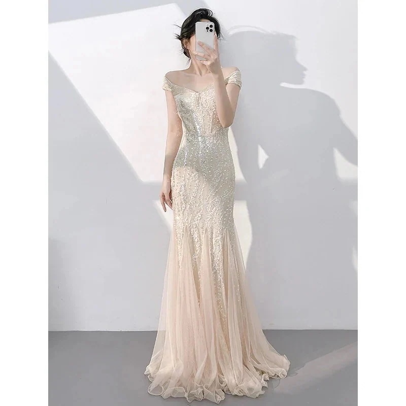 【1-3日出荷】ドレス ワンピース シャンパン 絶美 オフショルダー ラメ ロング 発表会 結婚式 ドレス お呼ばれパーティー ドレス