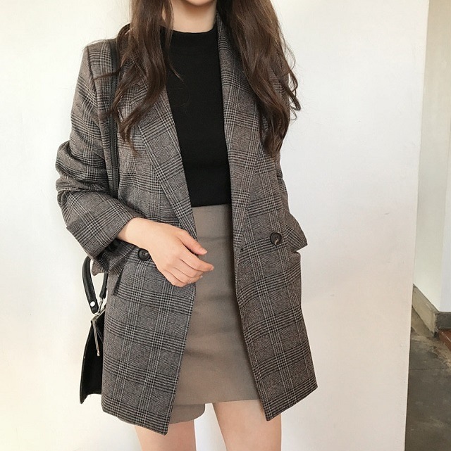 チェック柄 テーラード ジャケット レディース 大きいサイズ トラッド 着回し ダブルボタン 女っぽい マニッシュ デート 通勤 スタイリッシュ 春 秋 冬 クール ブラウン グレー 韓国