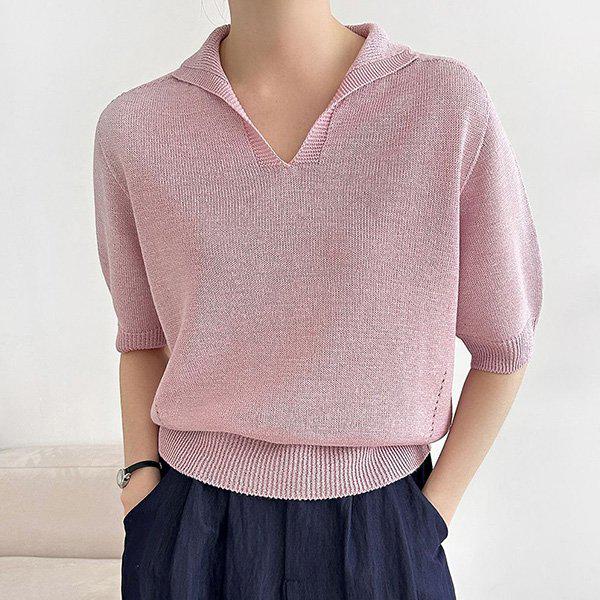 Hスタイル(KN)ホールガーゼ紙地ルーズカラーニットティー 春 女性 ニットティー セーター Tシャツ シーズン変わり目