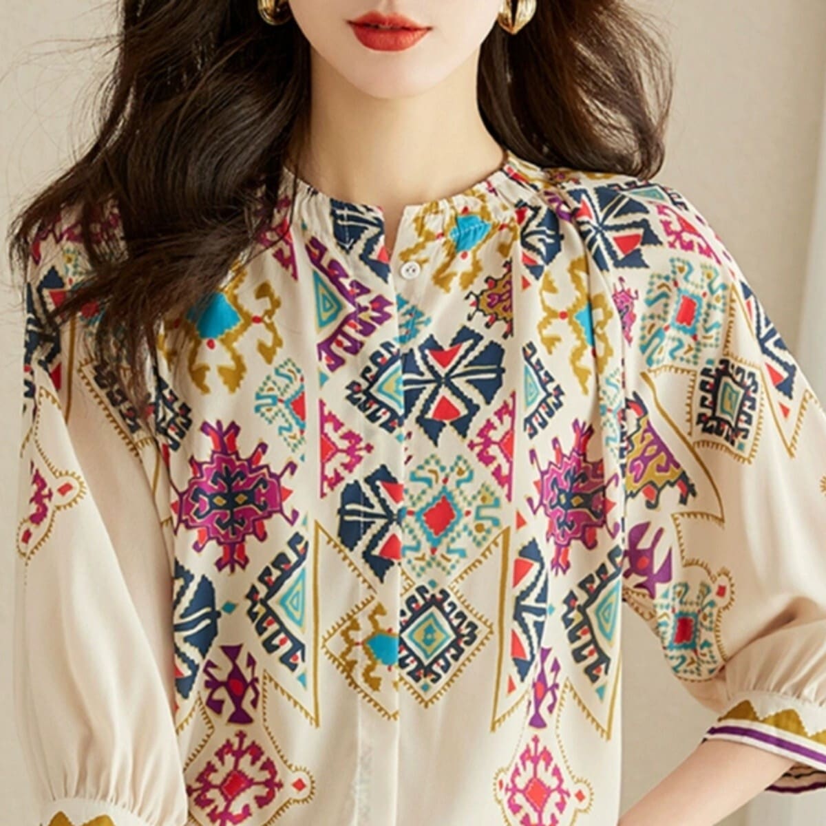 レディース トップス ブラウス 7分袖 ノーカラー ボタンダウン 異国風 かわいい 大人可愛い きれいめ カジュアル 上品 おしゃれ レトロ アジアン エスニック こなれ感 ガーリー 個性的 主役級 5,508円